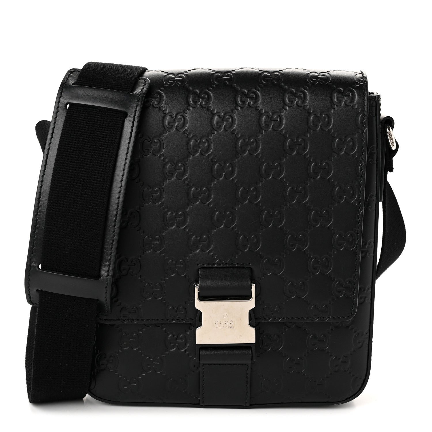 Gucci Guccissima Signature Single Buckle Flap Messenger Bag Black
