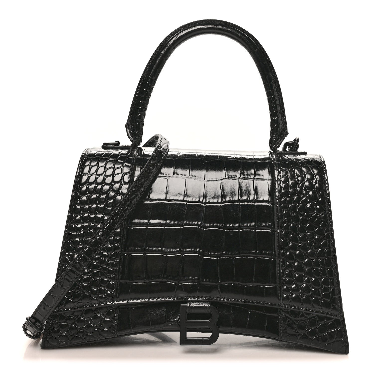 Balenciaga Shiny Calfskin Monochrome Crocodile Embossed Medium Hourglass Top Handle Bag Black