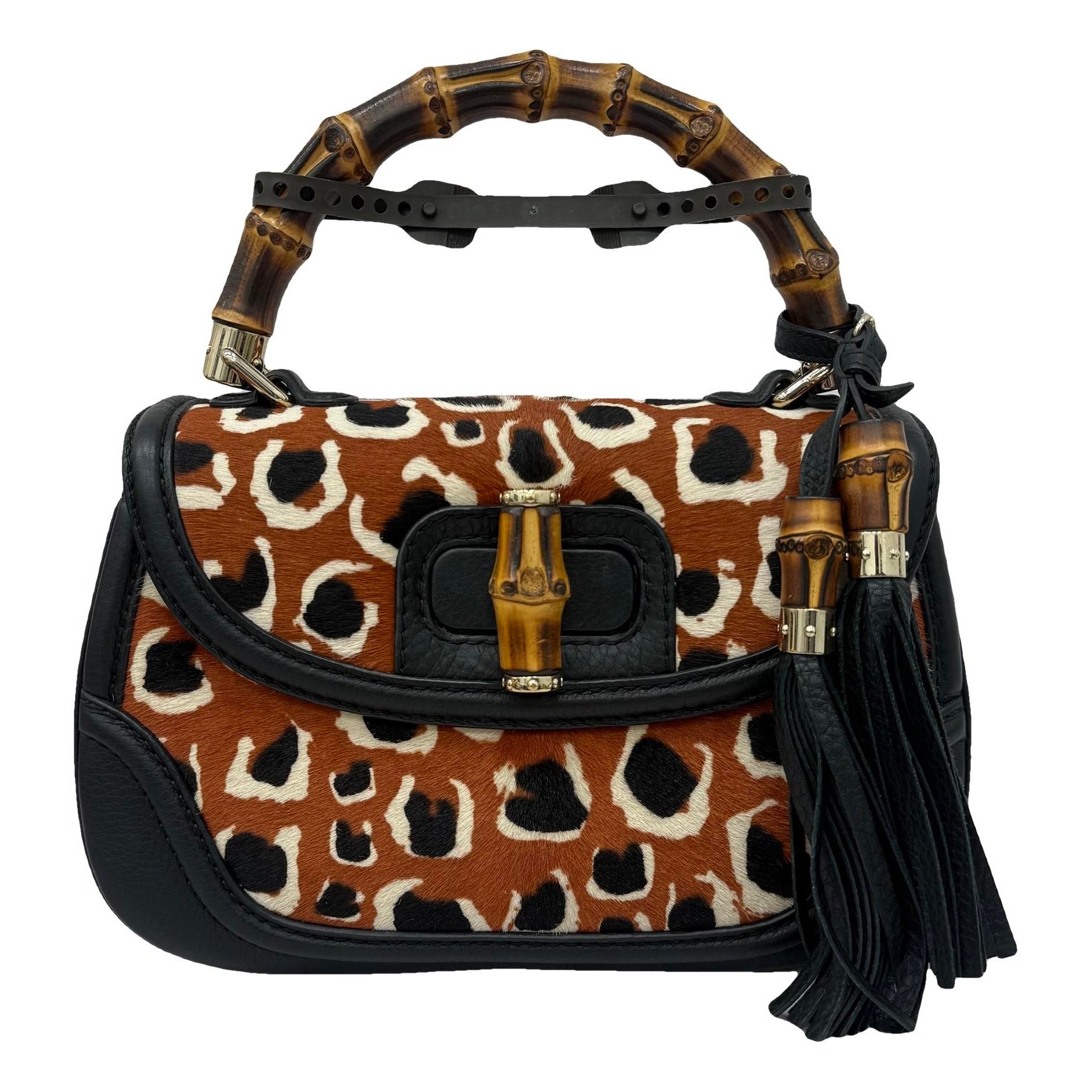 Convertible Pompon Bamboo Top Handle leather handbag