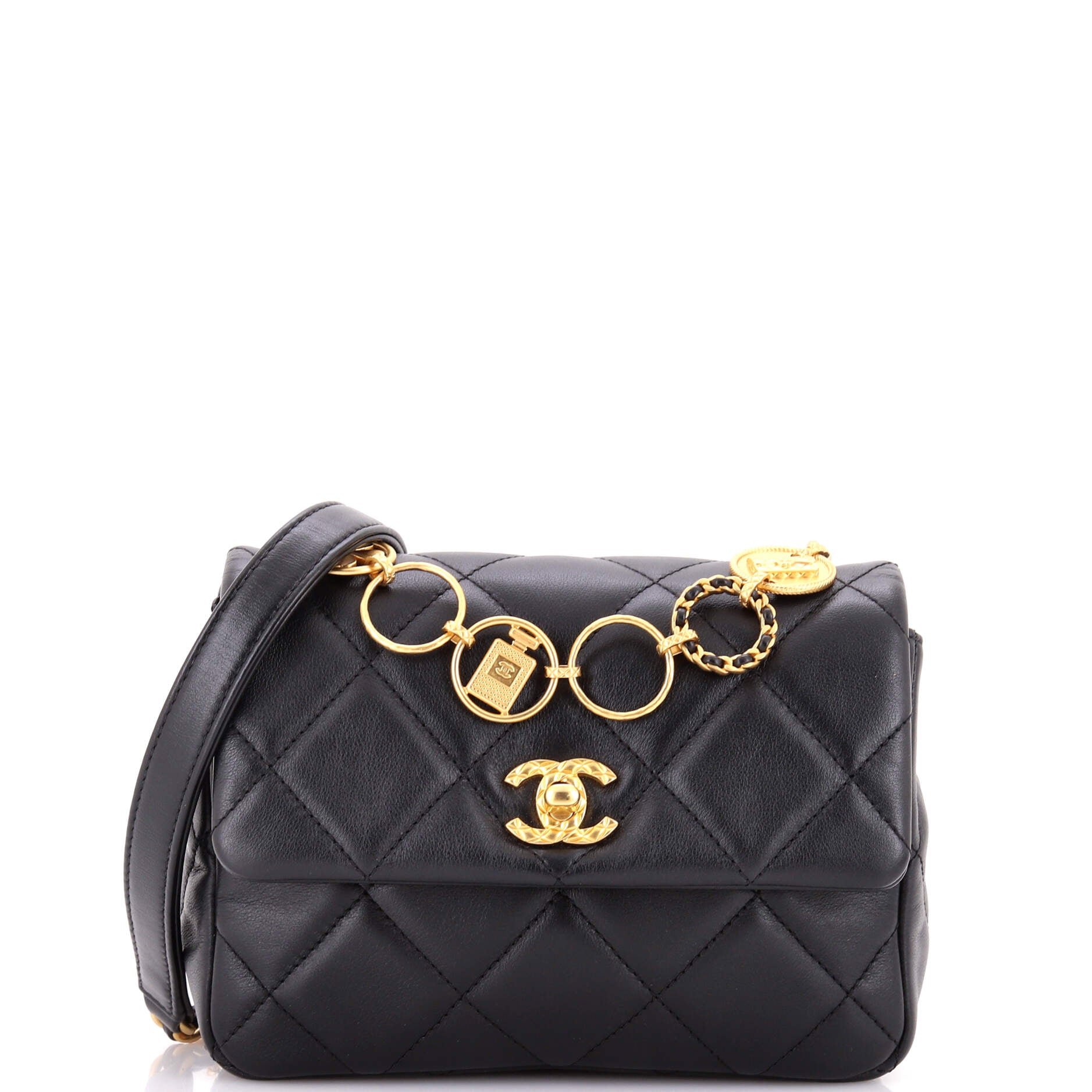 CC Charm Chain Strap Flap Shoulder Bag Quilted Lambskin Mini
