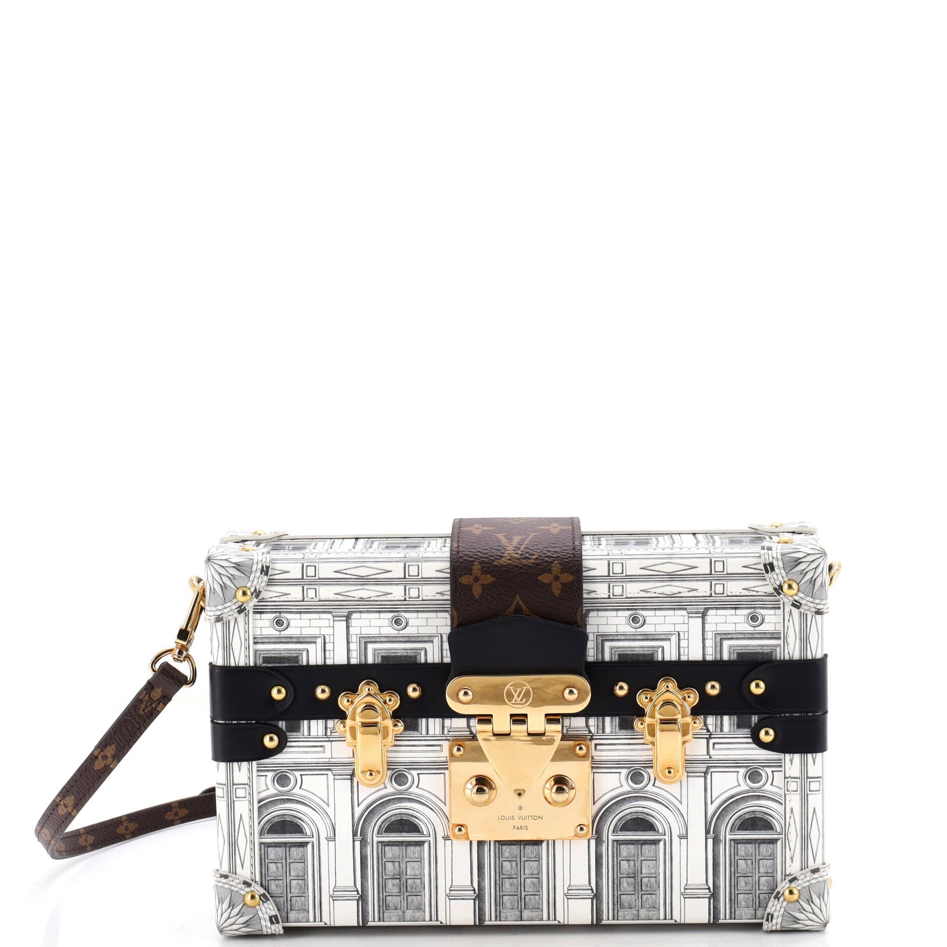Petite Malle Handbag Limited Edition Fornasetti Architettura Print Leather and Monogram Canvas