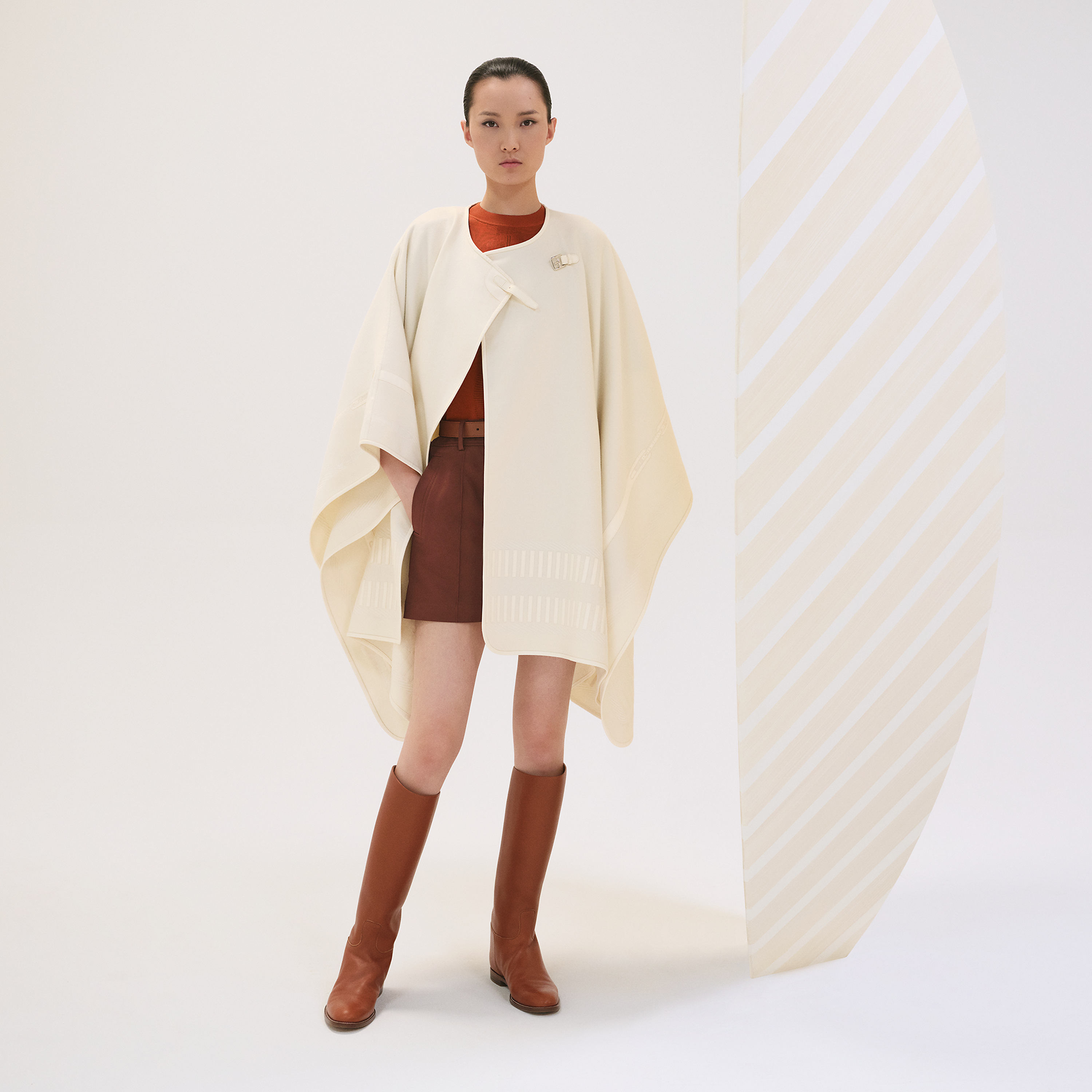 Embroidered cashmere cape with leather detail
