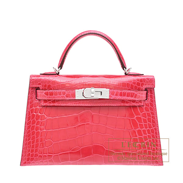 Hermes Kelly bag mini Sellier Rose extreme Alligator crocodile skin Silver hardware