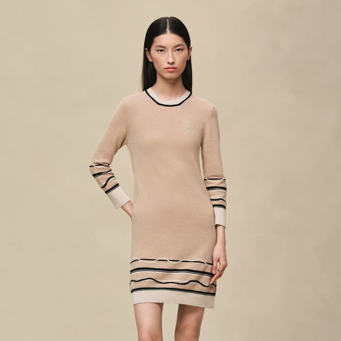 Beige Cajou "Ex-libris" 3/4-sleeve Dress