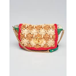 Gucci Gucci Brown/Red/Green Raffia GG Marmont Small Shoulder Bag
