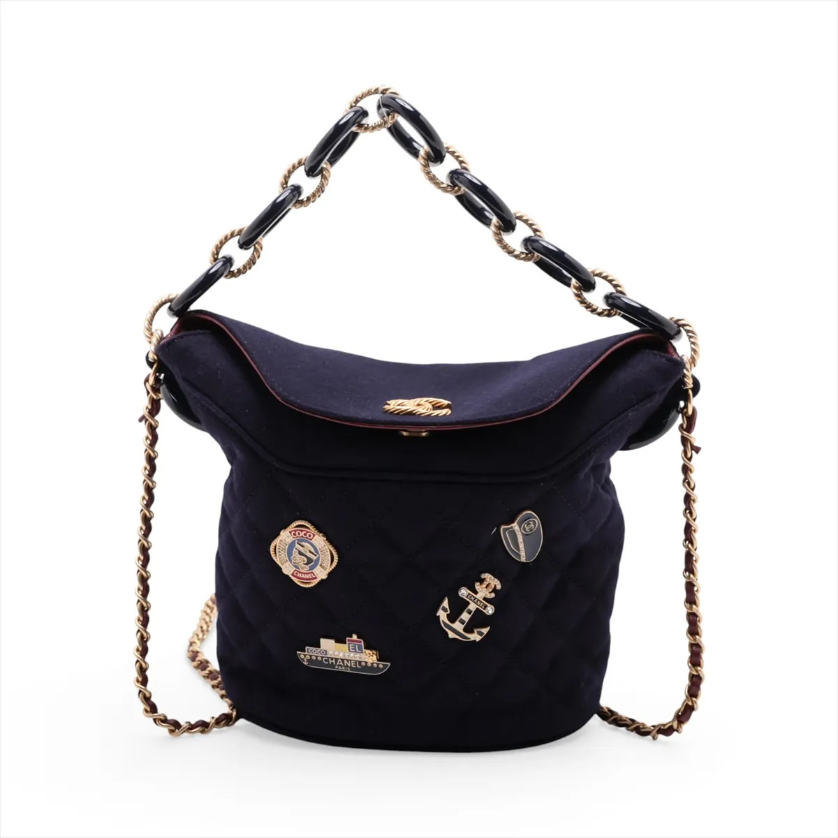 Chanel Matelasse Cotton Chain Shoulder Bag Paris Hamburg Navy Blue Gold Metal Fi