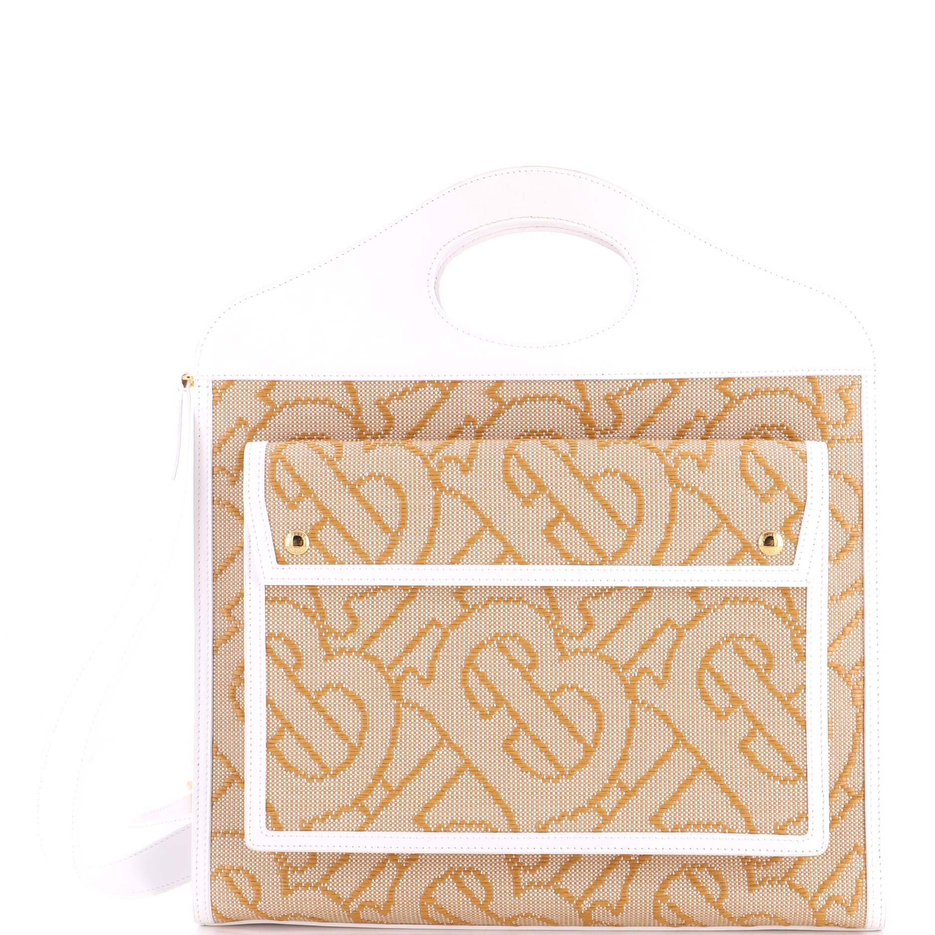Logo Pocket Tote Woven Raffia and Canvas with Leather Medium