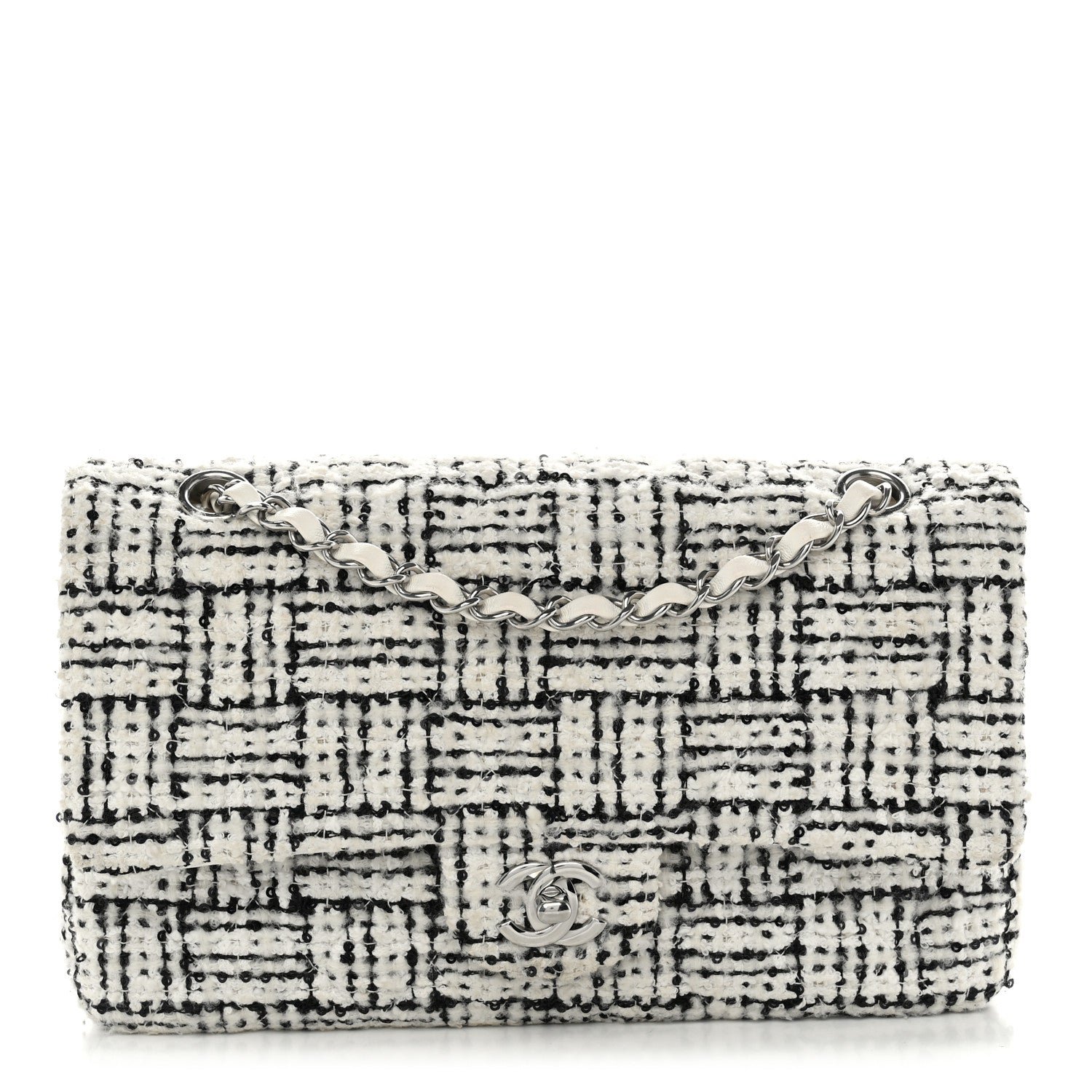 Chanel Tweed Sequin Quilted Medium Double Flap White Black