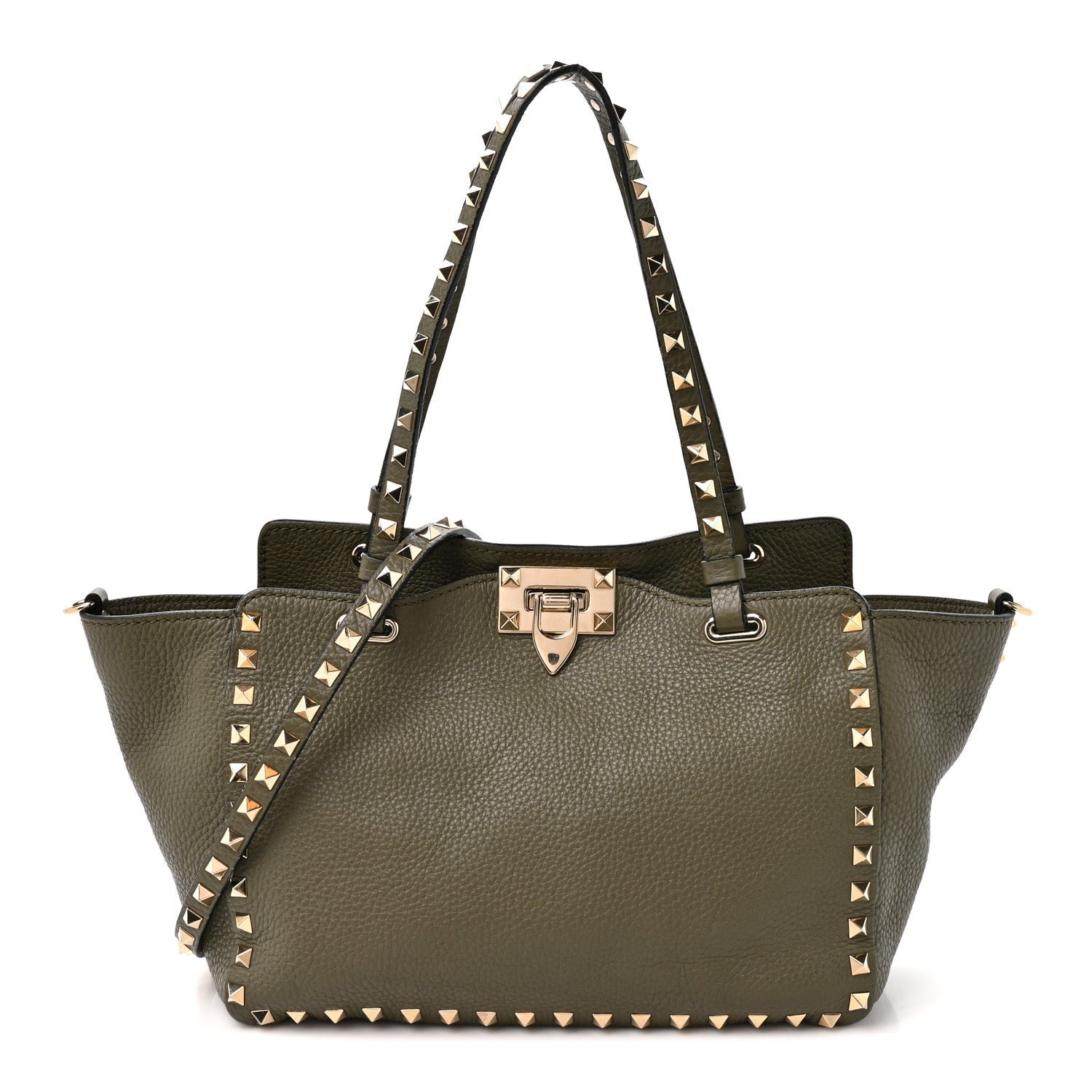 Valentino Garavani Pebbled Calfskin Small Rockstud Tote Army Green
