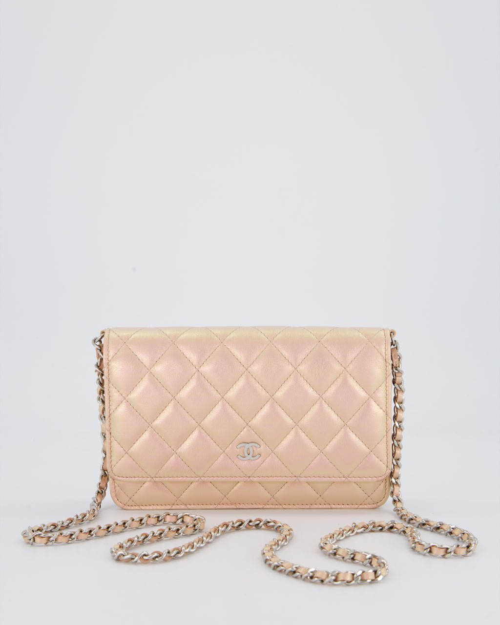 Chanel Wallet on Chain Bag in Iridescent Pink Quilted Lambskin Leather with Silver Hardware