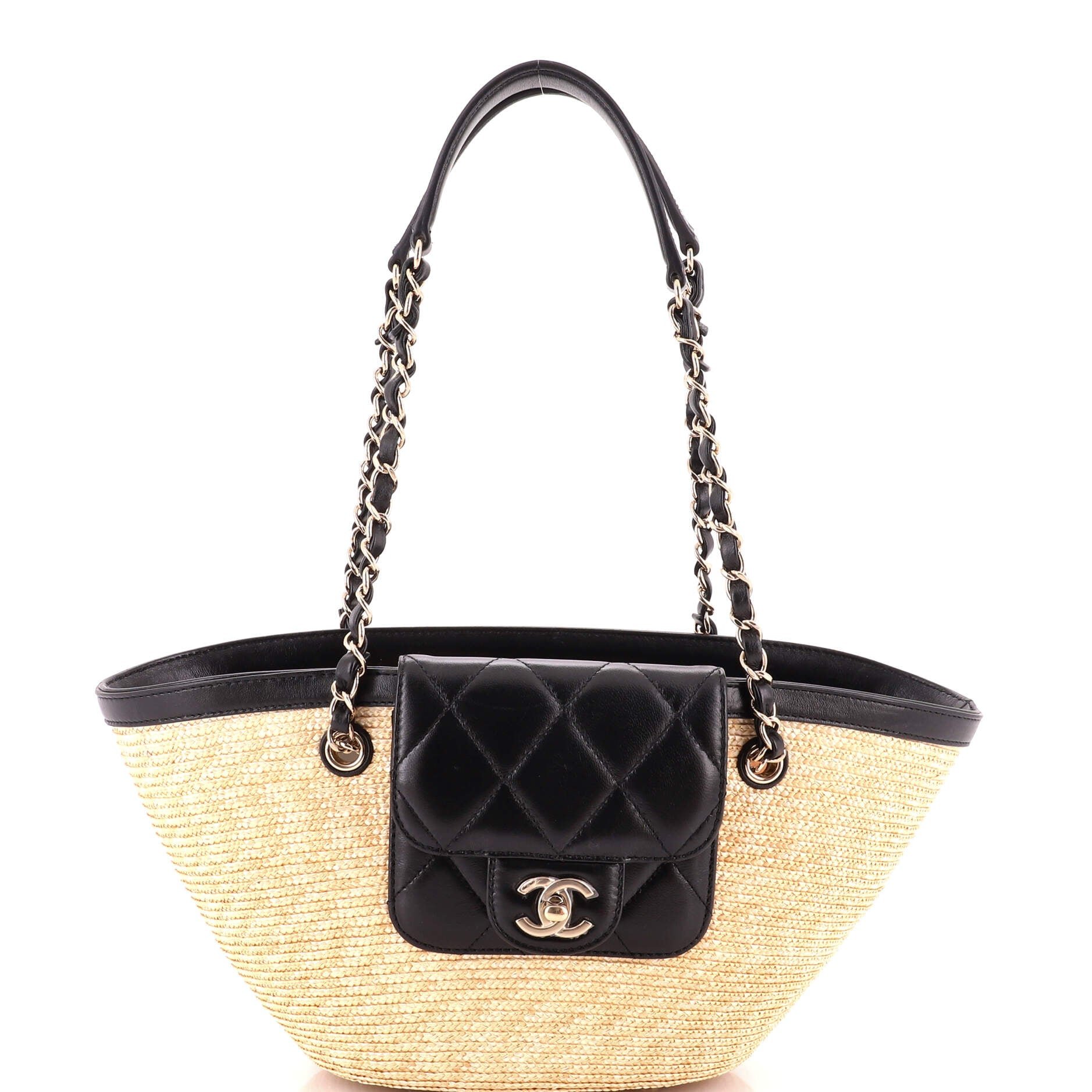 Coco Beach Shopping Bag Raffia with Quilted Lambskin Small