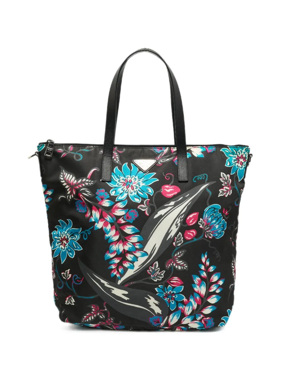 floral-print Saffiano leather-trim tote bag