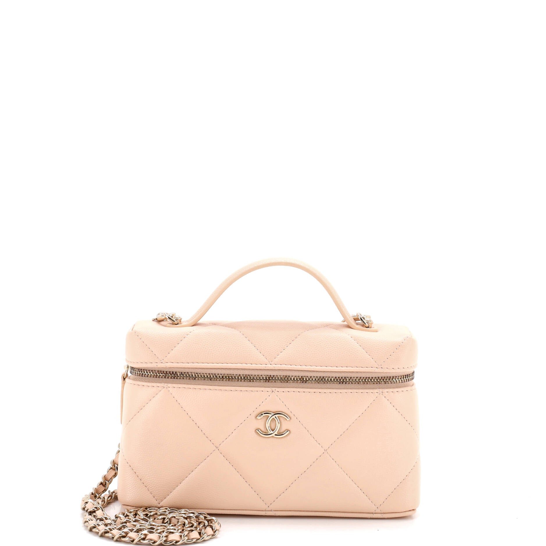 Classic Top Handle Slim Vanity Case with Chain Quilted Caviar Small