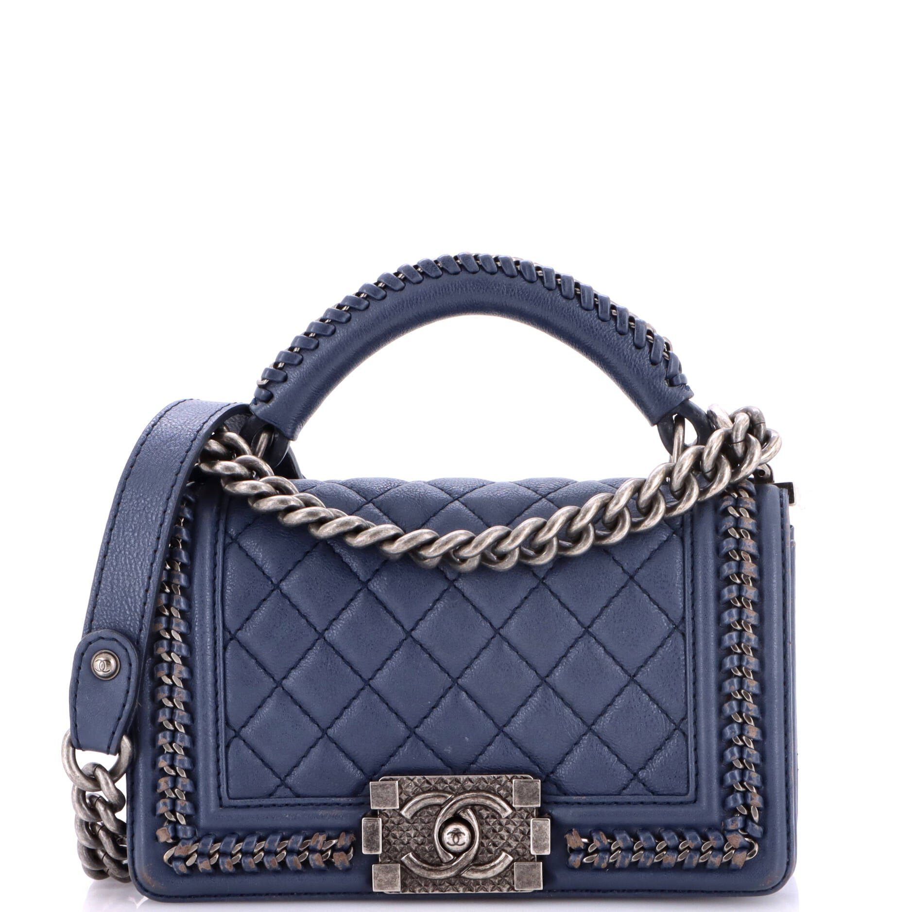 Chain Handle Boy Flap Bag Quilted Calfskin Small