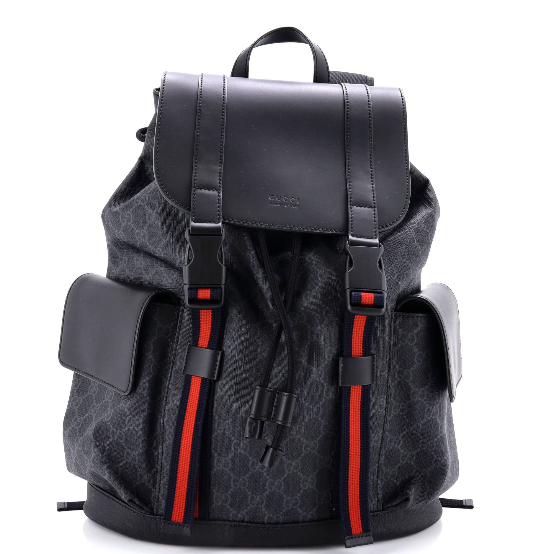 Gucci Double Pocket Buckle Backpack GG Coated Canvas Large