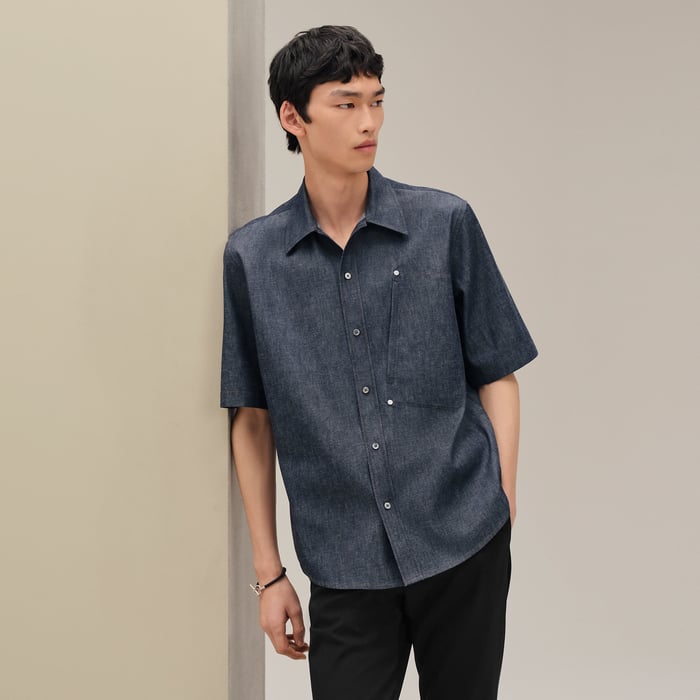 Indigo Short-sleeve Straight Cut Denim Shirt With Detail