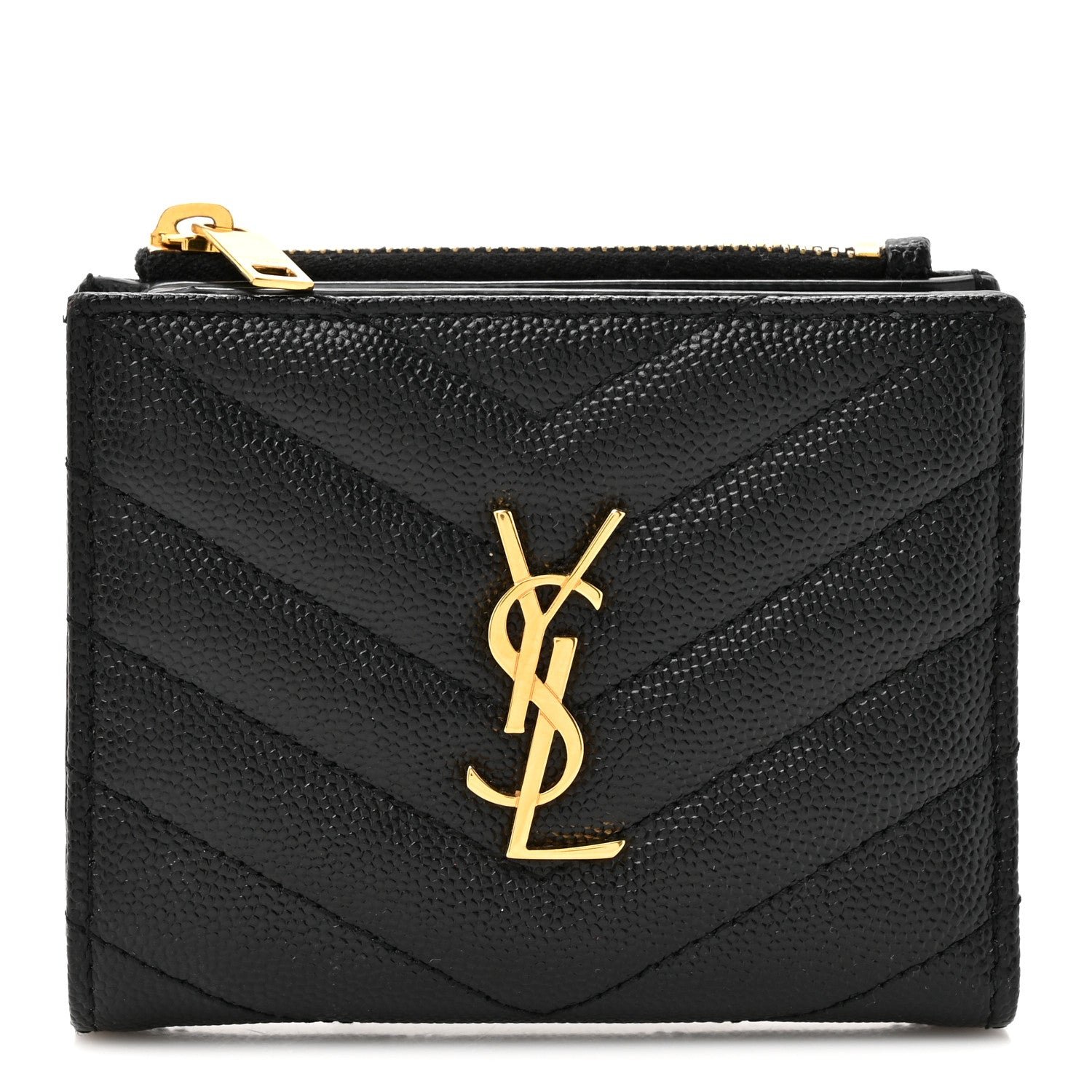 Saint Laurent Grain De Poudre Matelasse Chevron Monogram Zipped Card Case Black