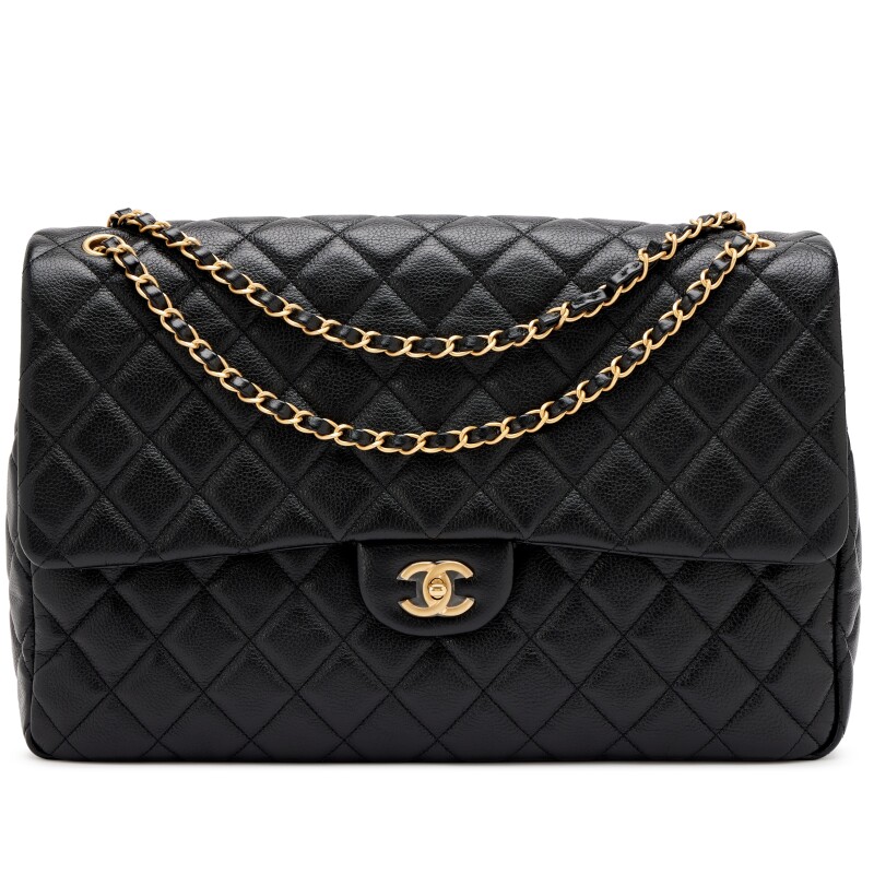 Black Quilted Grained Calfskin XXL Classic Airline Travel Flap Bag Aged Gold Hardware, 2024