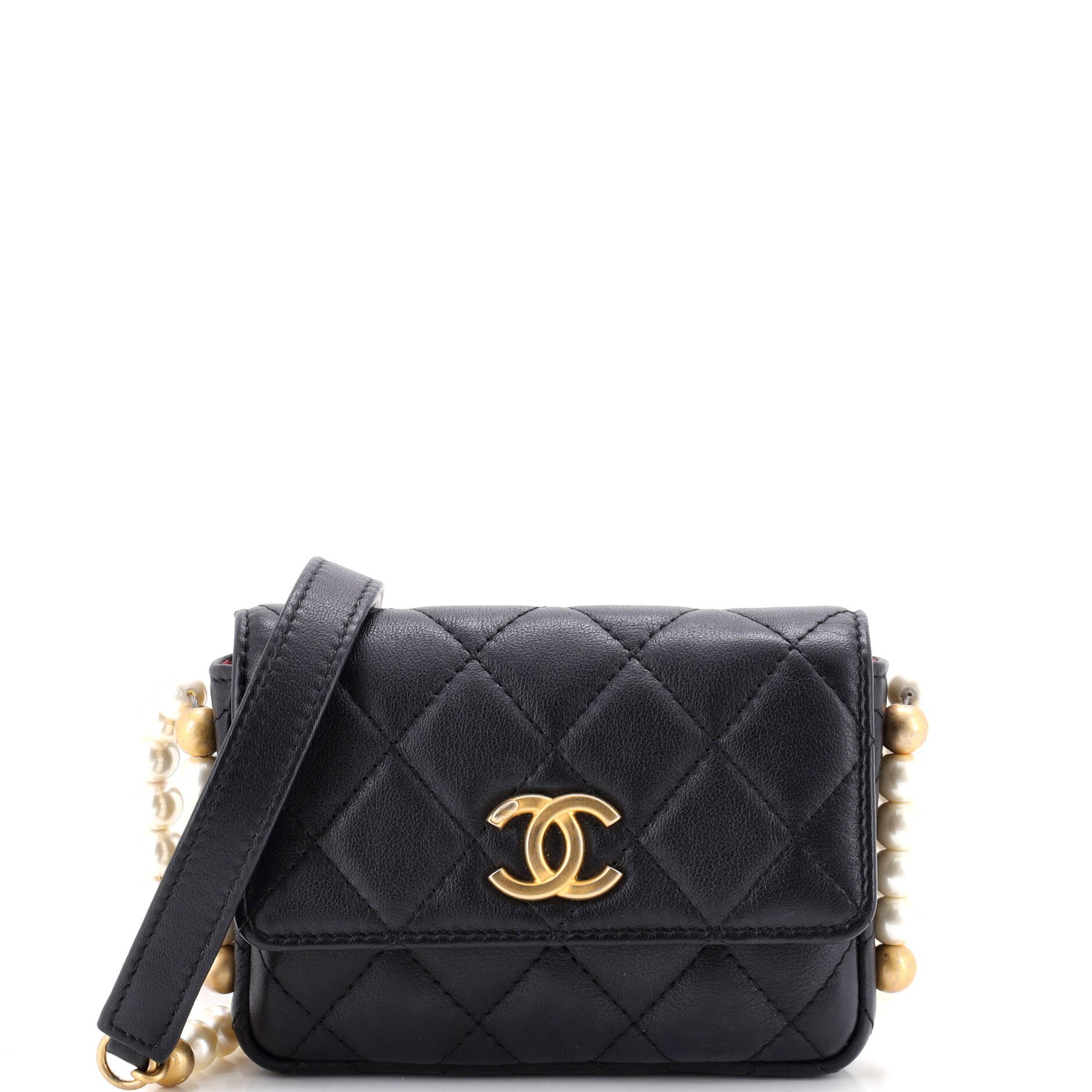 About Pearls Flap Card Holder with Chain Quilted Calfskin