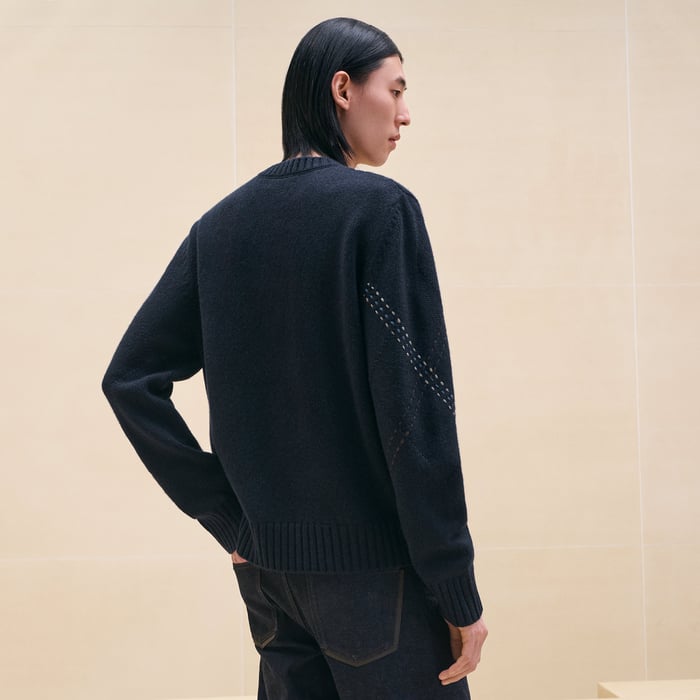 Marine Cashmere "Argyle Brode Cuir" Crewneck Sweater