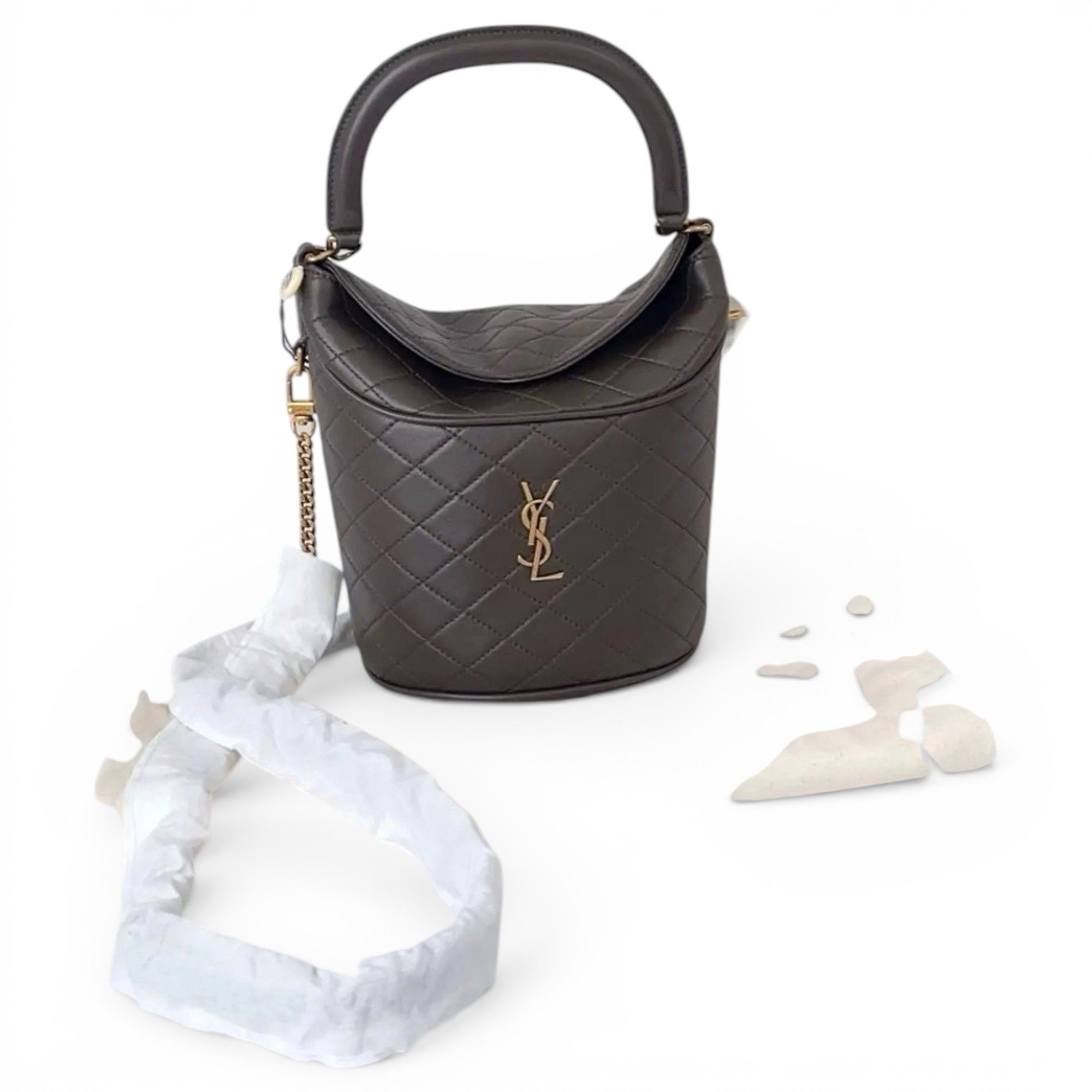 Monogram bucket leather handbag
