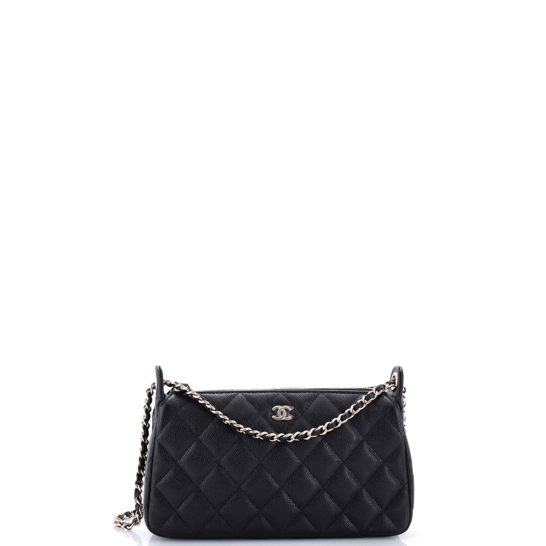 CC Double Chain Zip Clutch with Chain Quilted Caviar Small
