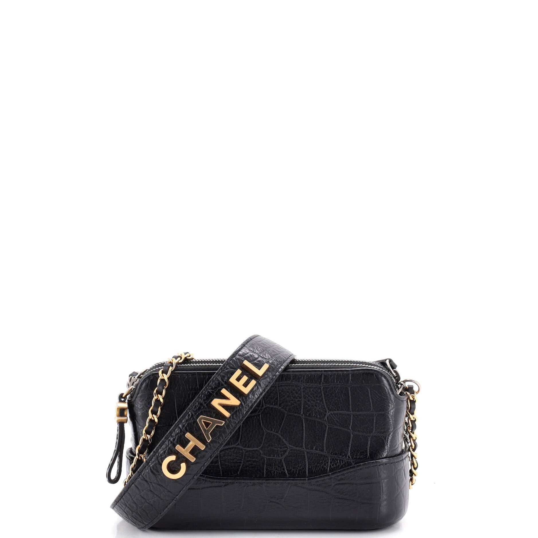 Gabrielle Hobo with Logo Handle Crocodile Embossed Calfskin Small