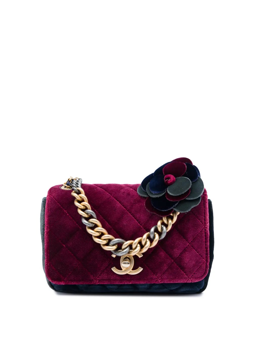 2017-2018 Paris Cosmopolite Small Tricolor Quilted Velvet Private Affair Camellia Flap satchel