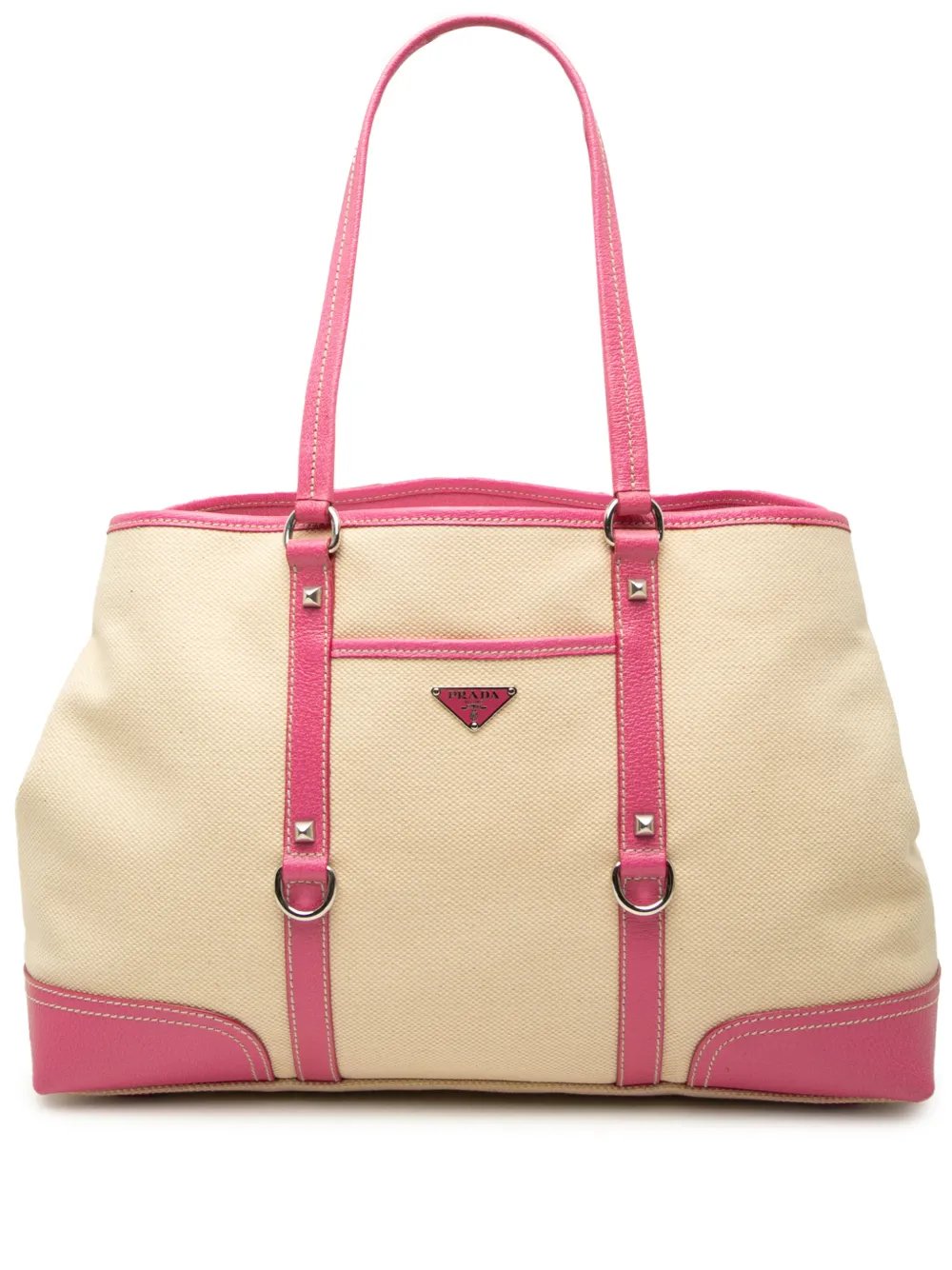 2013-2026 Studded Leather Trimmed Canvas Front Pocket Tote satchel
