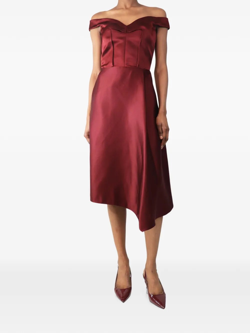 off-shoulder asymmetric midi dress