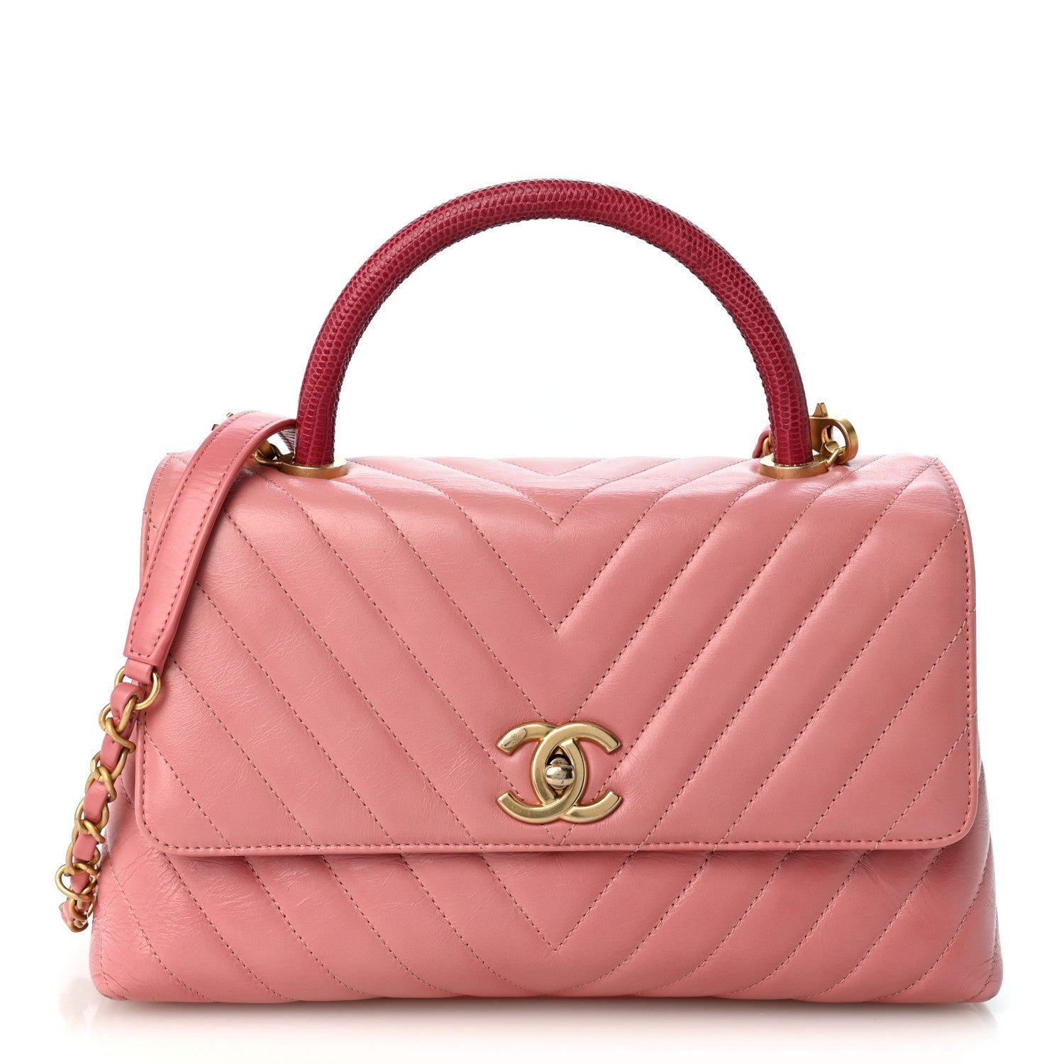 Chanel Calfskin Lizard Chevron Quilted Small Coco Handle Flap Pink