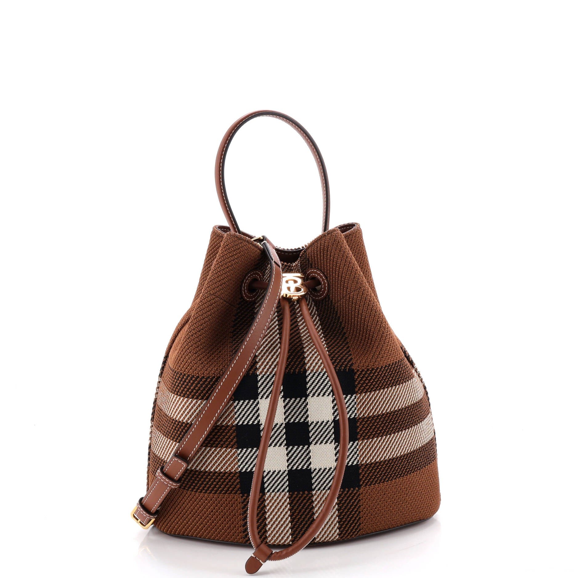 TB Drawstring Bucket Bag Check Knitted Fabric Small