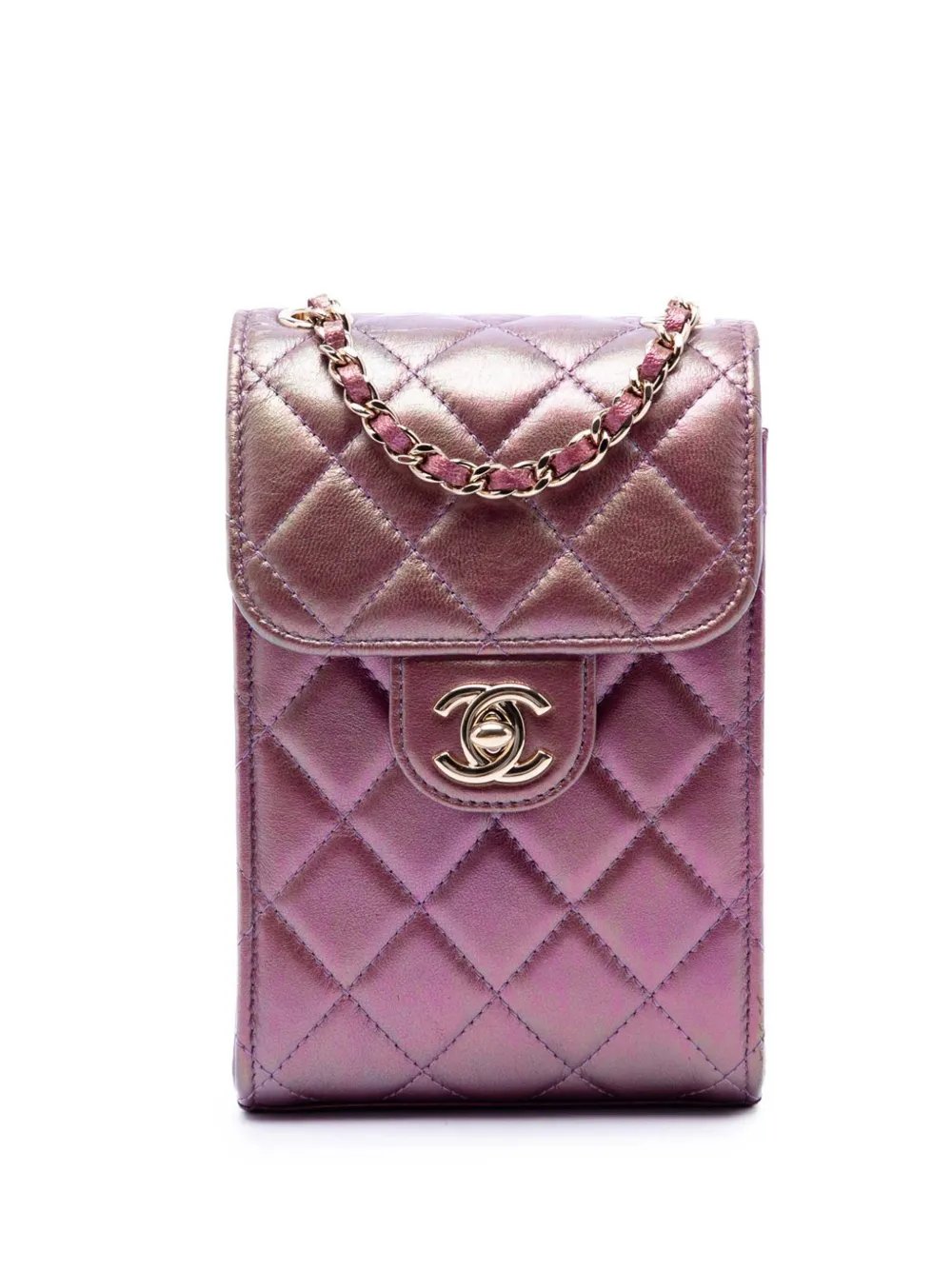2020 CC Quilted Iridescent Lambskin Phone Holder with Chain crossbody bag