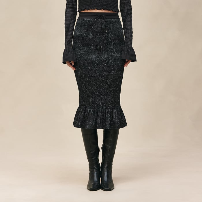 Noir "Soleil De Soie Poudre" Smocked Pencil Skirt