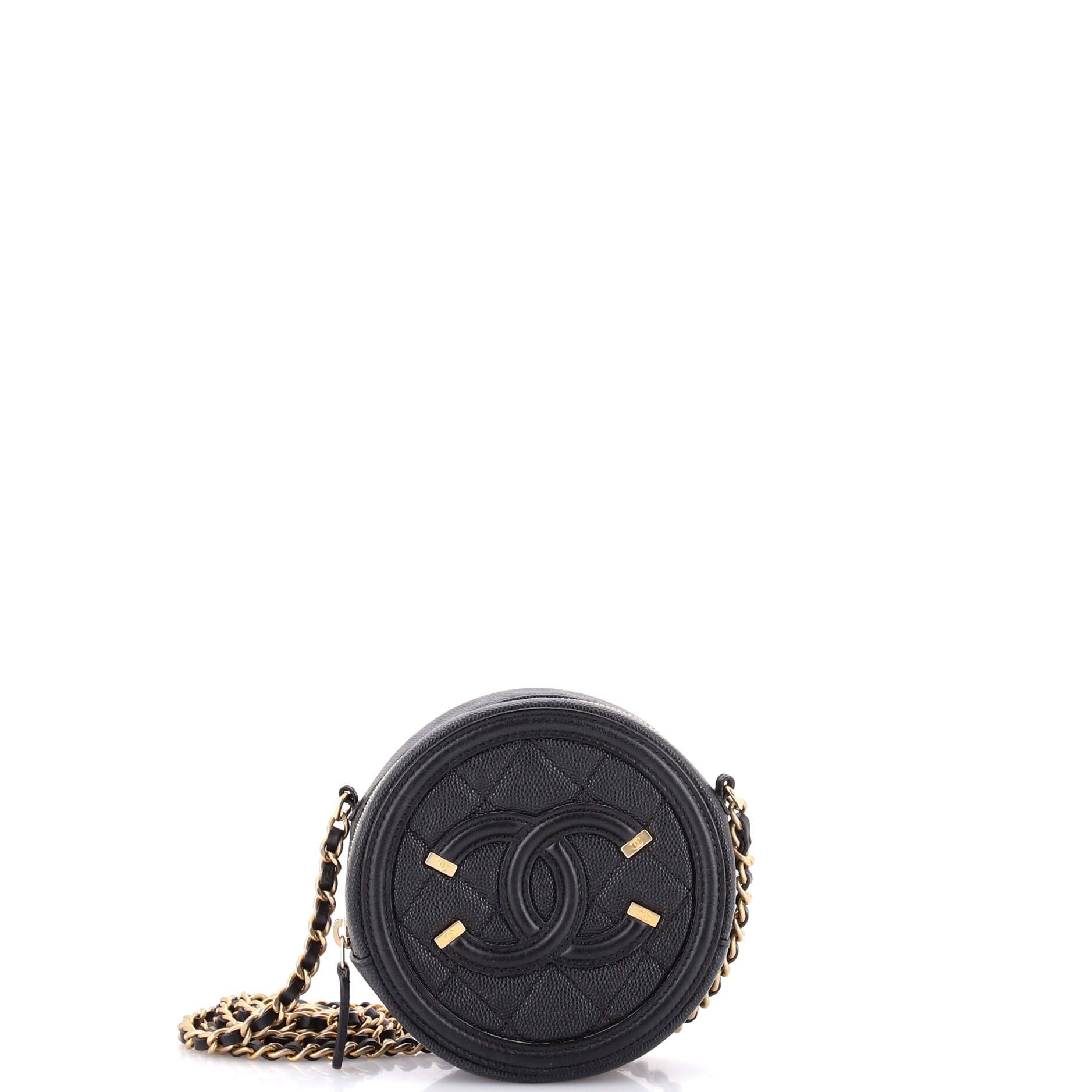 Filigree Round Clutch with Chain Quilted Caviar Mini