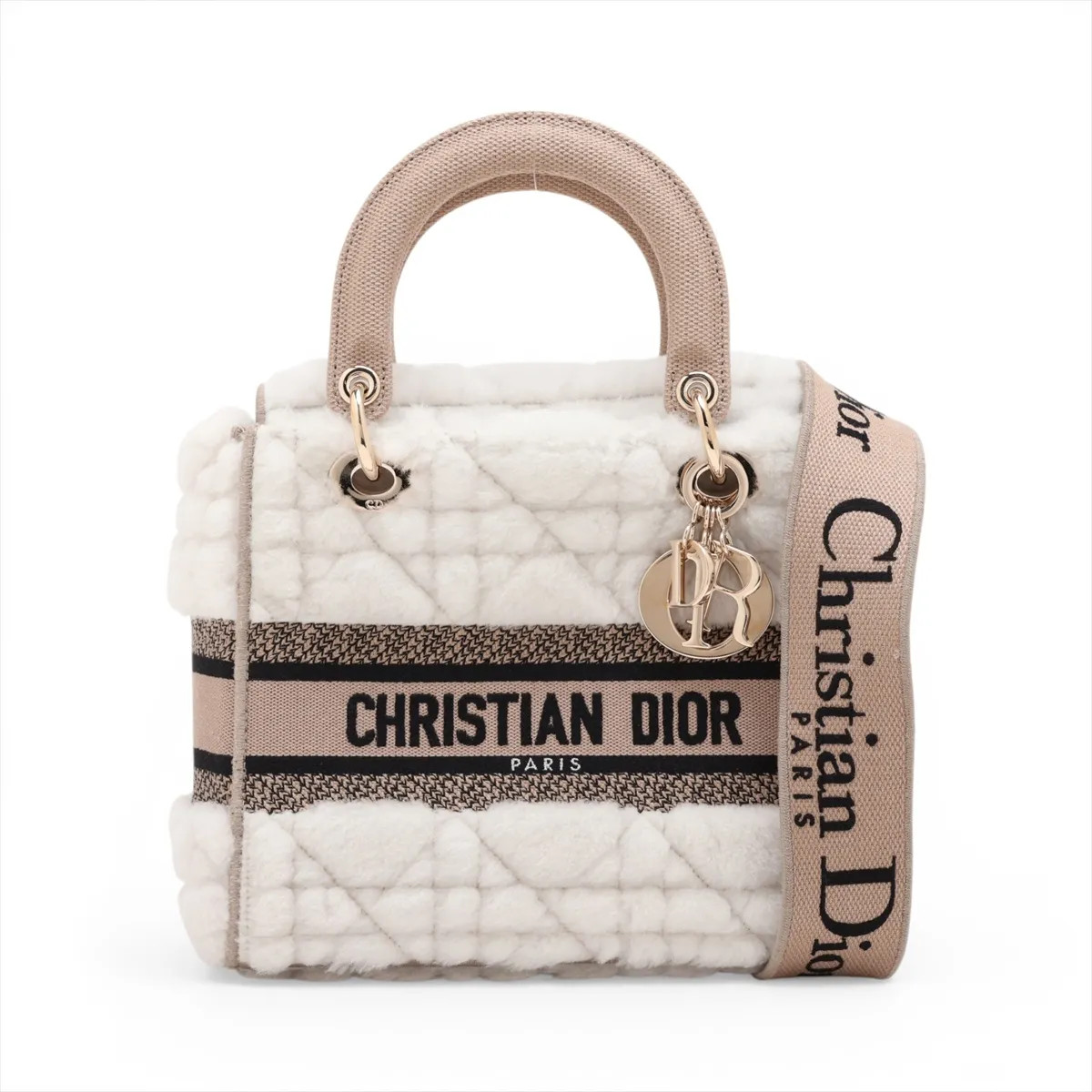 Christian Dior Lady Dee Light Medium Shearling x canvas 2 Way Handbag White x be