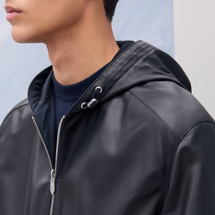 Marine Reversible Zipped Hooded Jacket With Leather Detail