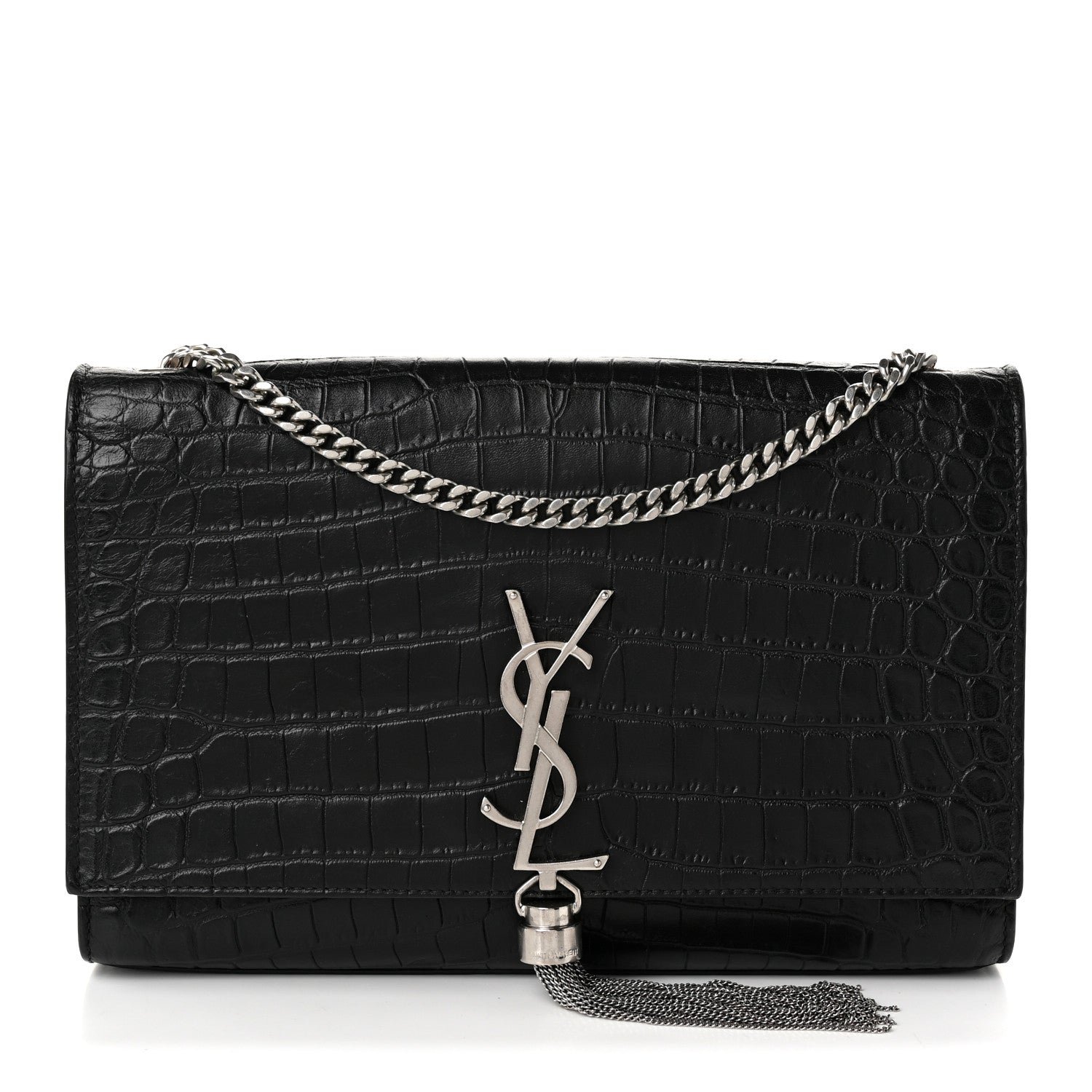 Saint Laurent Calfskin Crocodile Embossed Medium Classic Monogram Kate Tassel Satchel Black