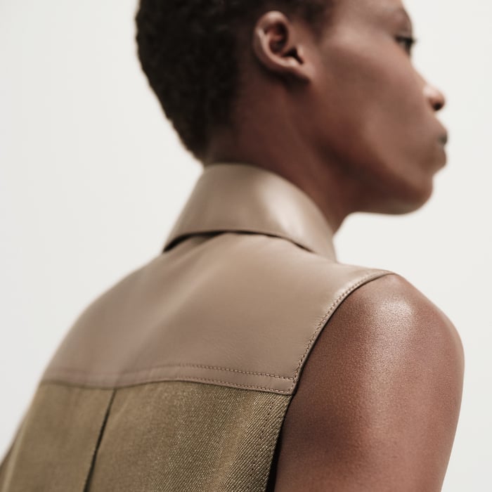 Vert Thé De Rooibos Sleeveless Jacket With Leather Details