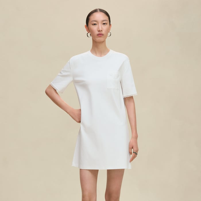 Blanc Embroidered Pocket Flared Dress