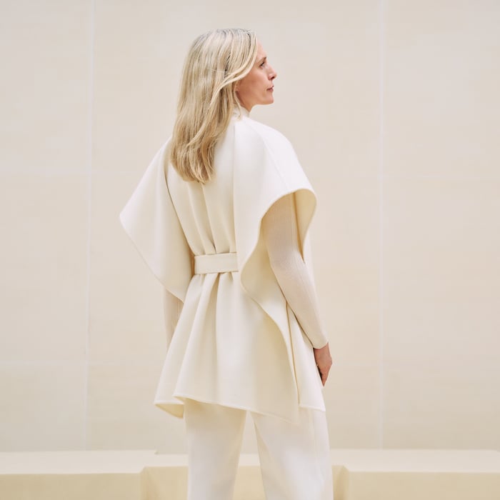 Blanc Naturel Embroidered Cashmere Long Poncho Vest