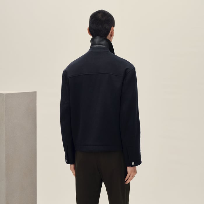 Marine Cashmere Zipped Straight Cut Jacket With Leather Details