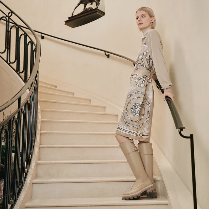 Beige Glaise "Effet Kaleidoscope" Shirt Knotted Waist Twillaine Dress