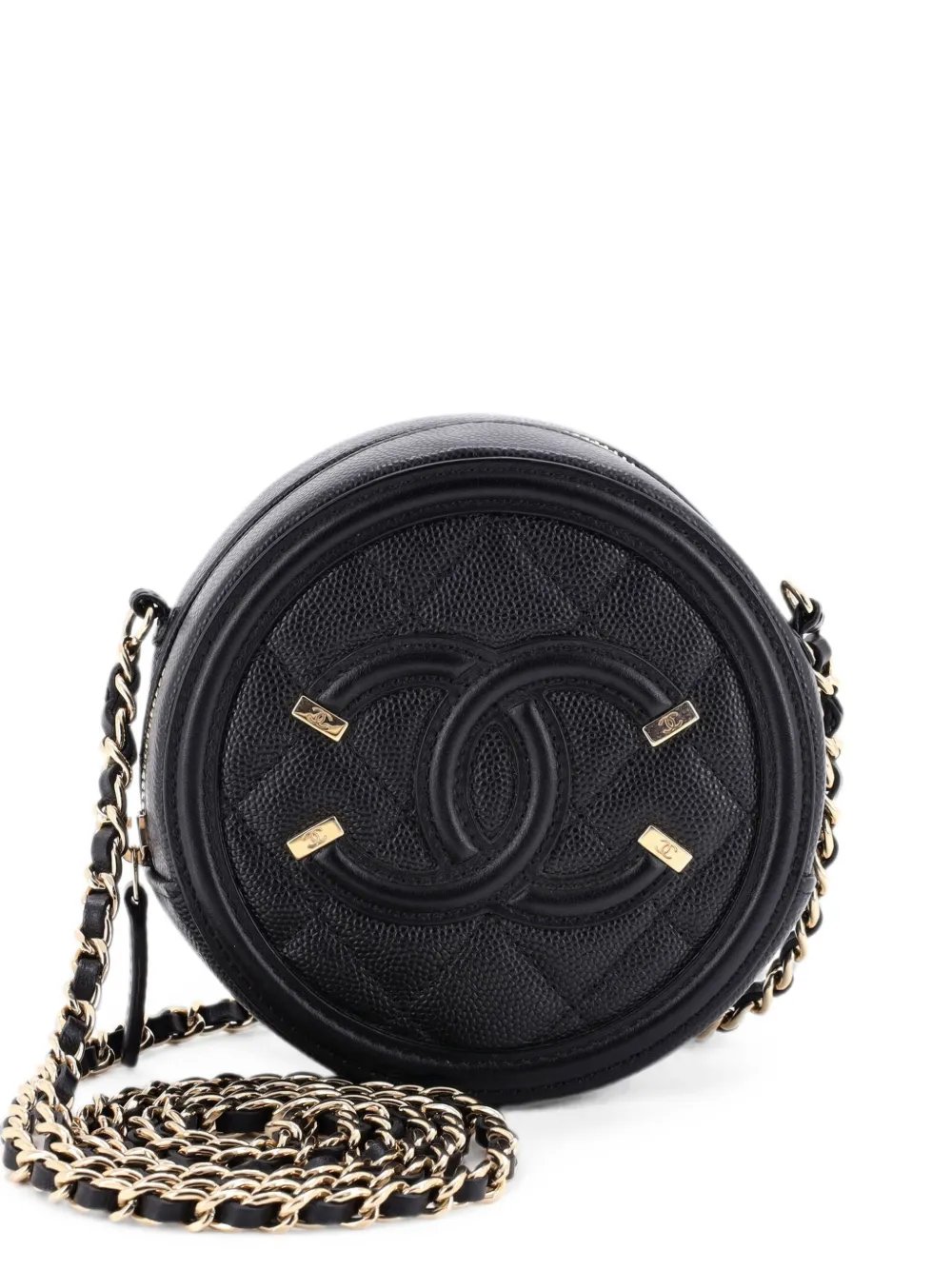 Filigree Round Clutch with Chain Quilted Caviar Mini crossbody bag