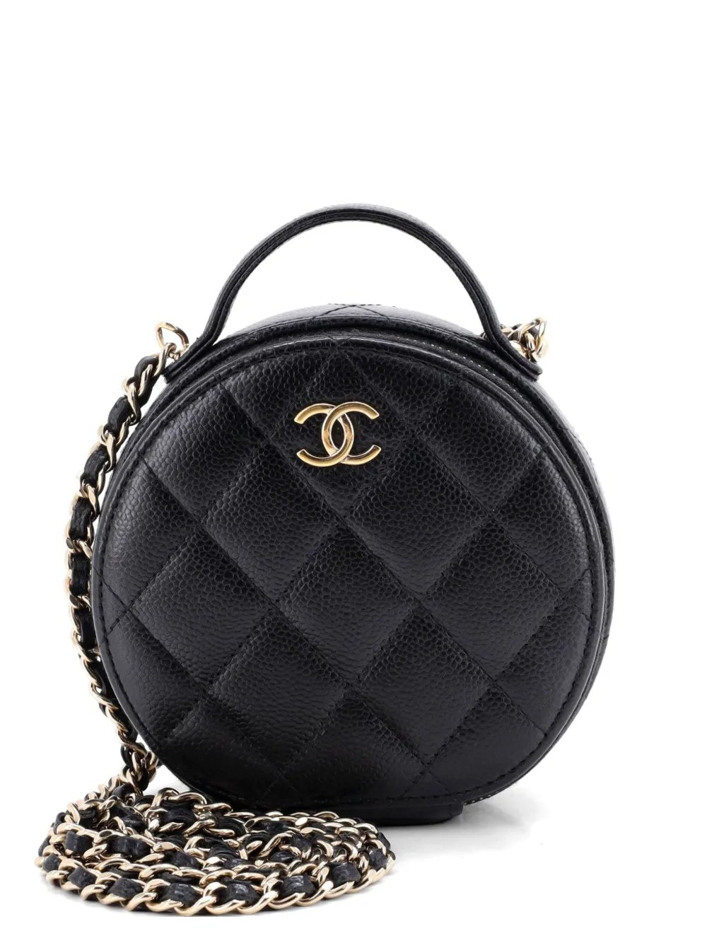 Handle with Care Round Vanity Case with Chain Quilted Caviar Small crossbody bag