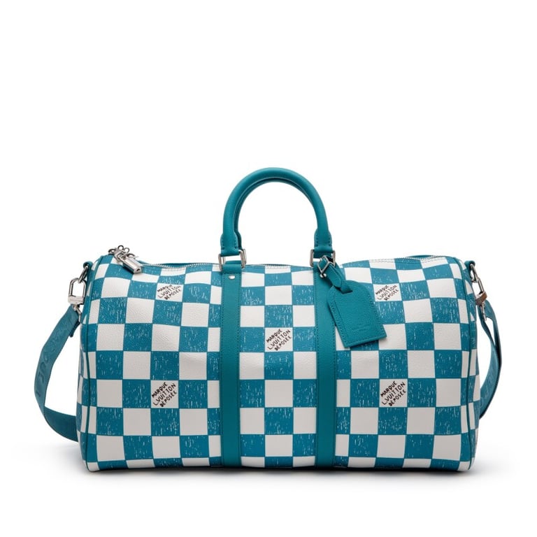 Louis Vuitton Virgil Abloh Teal and White Damier Leather Marque Déposée Keepall Bandoulière 45 Silver Hardware, 2021