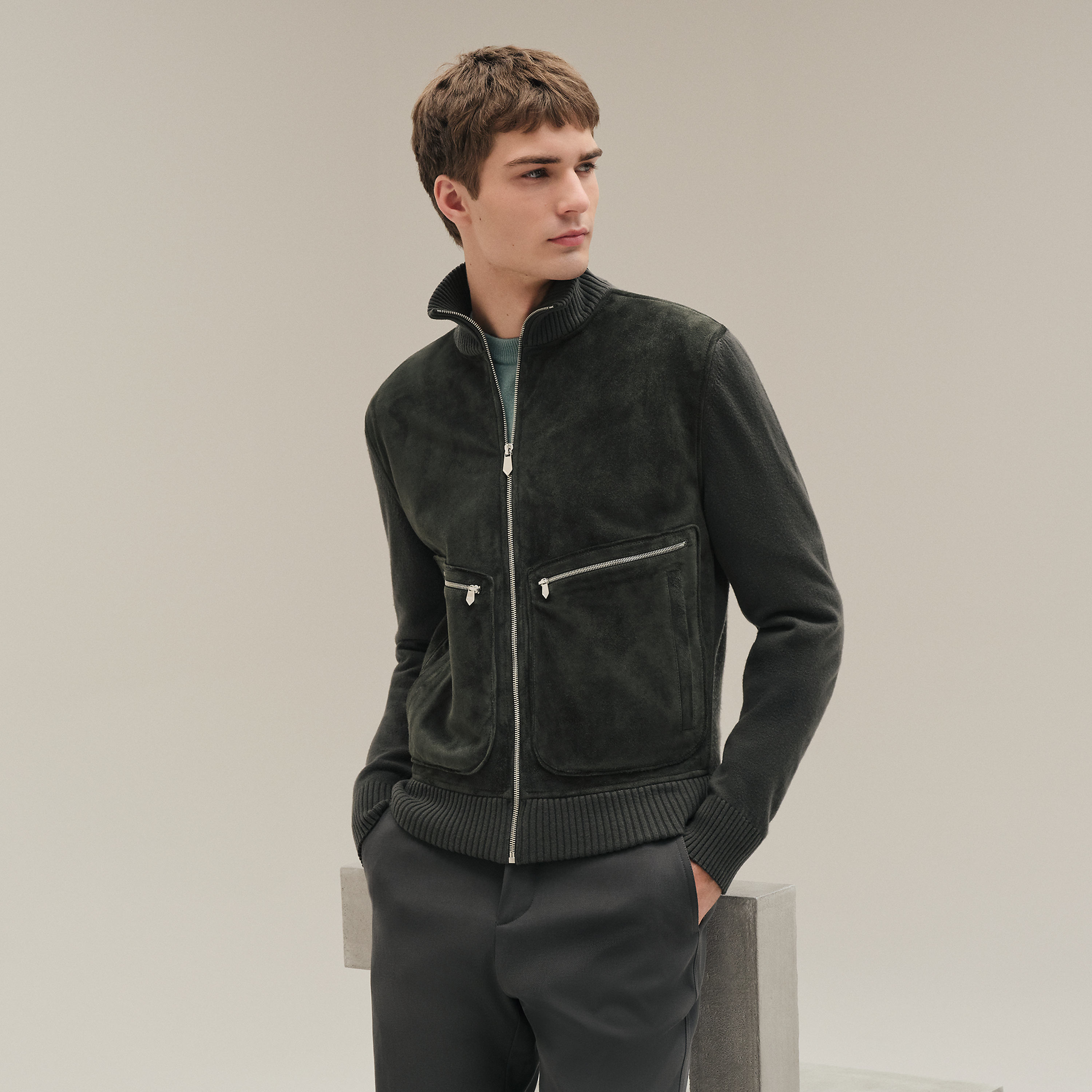 "Devant cuir" zipped jacket
