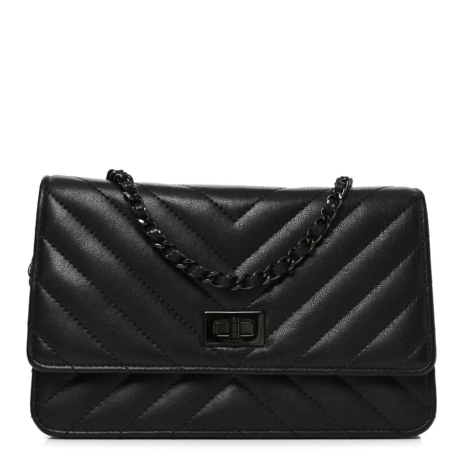 Chanel Sheepskin Chevron Reissue Wallet On Chain WOC So Black