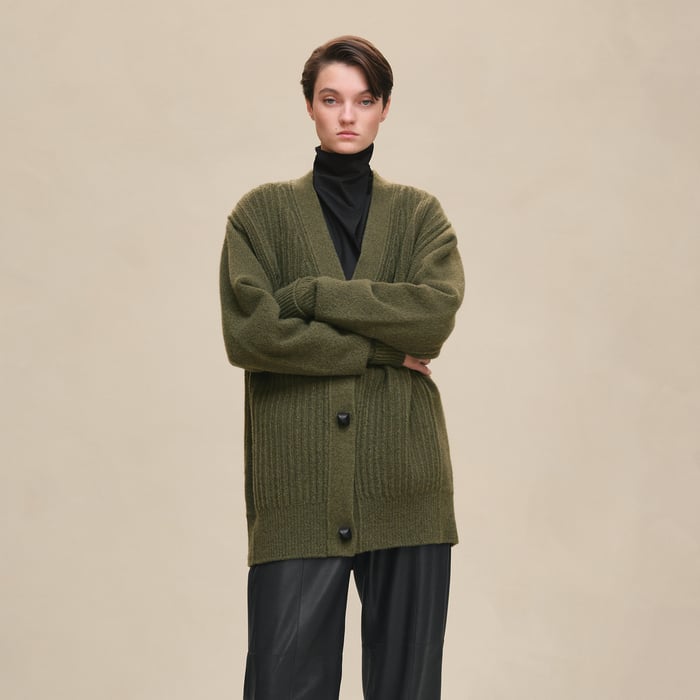 Kaki Thick Long-sleeve Cardigan