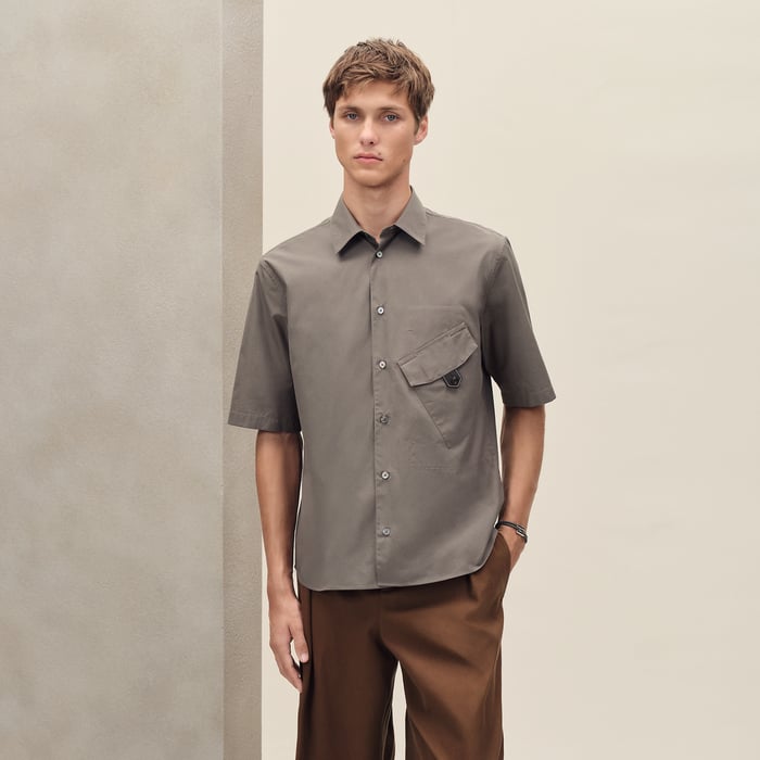 Gris Éléphant Short-sleeve Straight Cut Shirt With Leather Detail